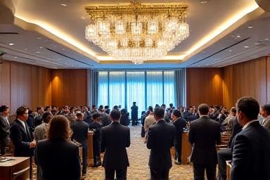 Finance conference hall with professionals networking